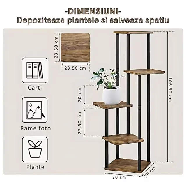 Stand Flori Macvi® Vertical 4 Etajere Metal si Lemn 106.3 cm Suport Ghivece Balcon Terasa - imagine 3