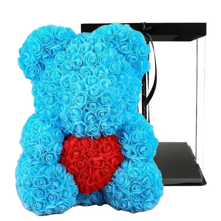 Ursulet Cu Inima Trandafiri Spuma Macvi®, 24 cm, Cutie Cadou Inclusa, Albastru, Decor Romantic, Cadou Valentine Aniversare - imagine 2
