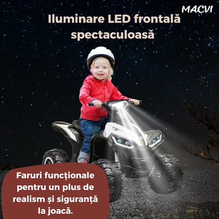 ATV Electric MACVI® pentru Copii cu Motor 6V si Baterie Reincarcabila, Potrivit 18-36 Luni, Control Simplu si Siguranta Sporita, Alb - imagine 2