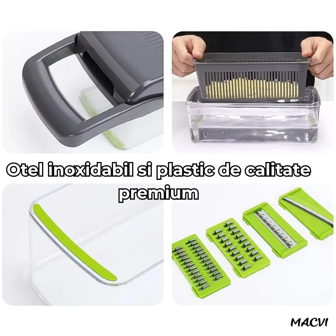 Razatoare Multifunctionala 15 in 1 Macvi®, 20 Piese, 13 Tipuri de Feliere, Ideala pentru Fructe, Legume si Branzeturi, Otel Inoxidabil, Verde/Gri - imagine 3