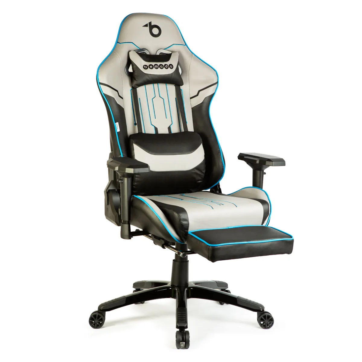 Scaun gaming ergonomic reglabil, cu suport picioare si perne, rabatabil 180°, gri negru albastru, 150 kg - imagine 2