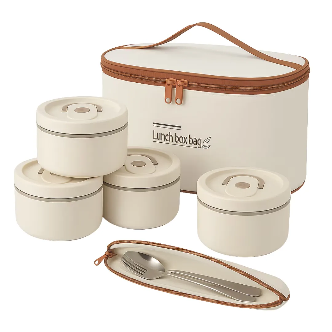 Set Caserole Termice Macvi® din Otel Inoxidabil cu Geanta termoizolanta, 4 Bucati, 2x 450ml si 2x 600 ml, 2xTacamuri Incluse, Capac Etans cu Clips si Inel Silicon pentru Scoala Birou Picnic Bej