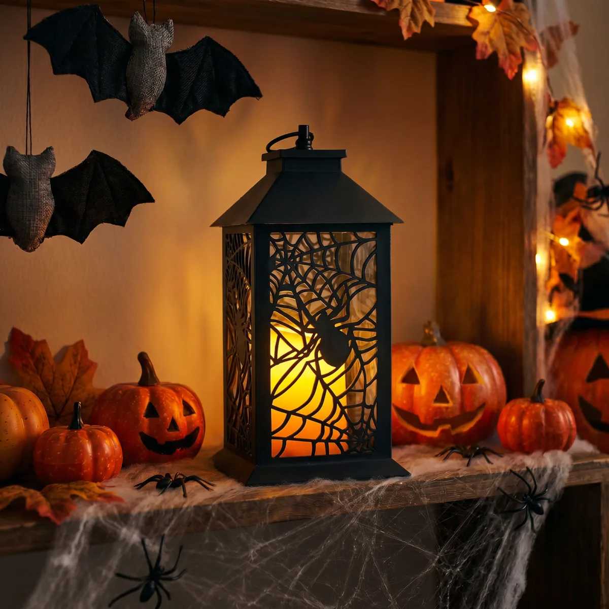 Felinar LED decorativ Halloween, model paianjen, efect flacara, 30 x 14 cm, negru