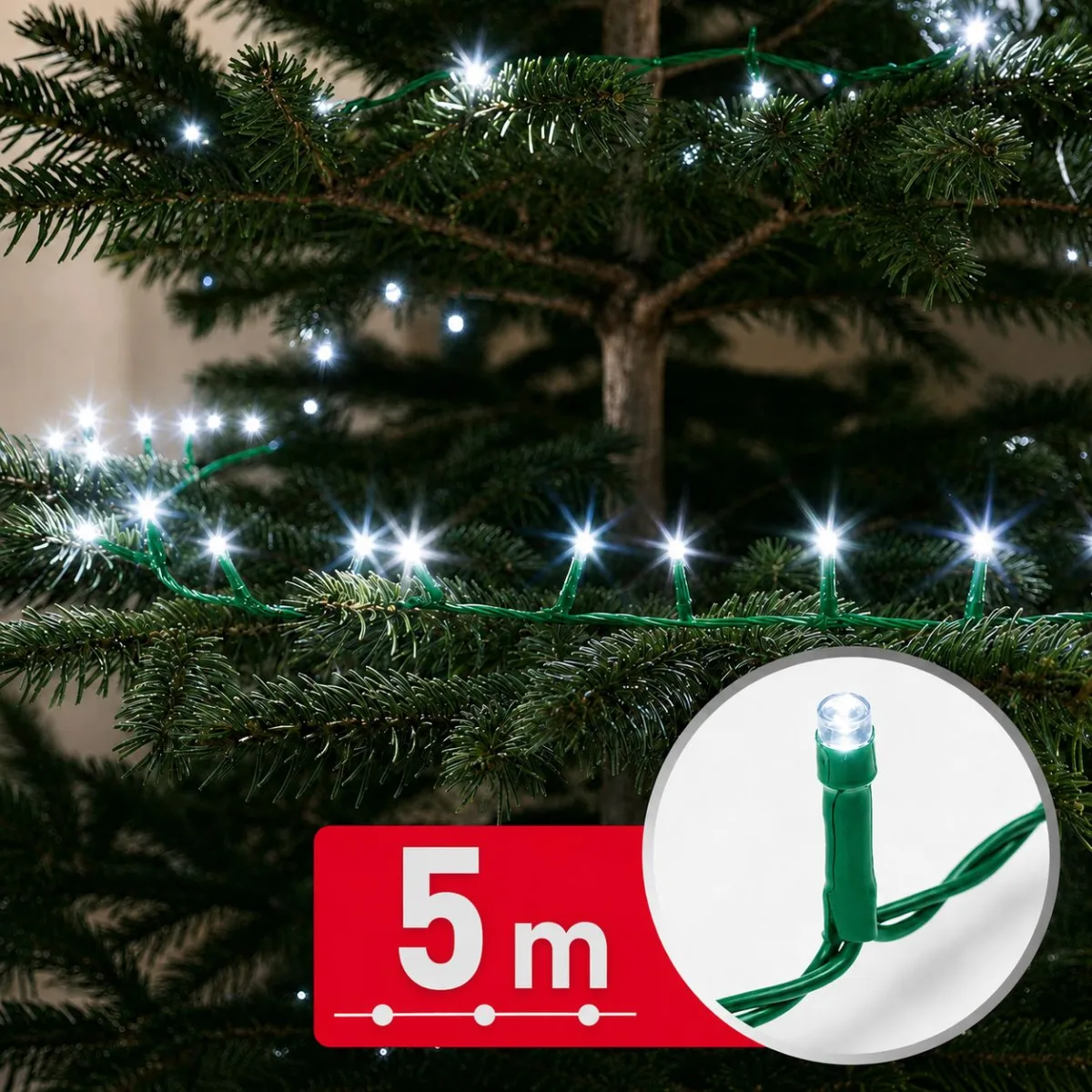 Instalatie de Craciun 5 m, 100 LED alb rece, 8 jocuri lumini, timer, IP44, cablu verde