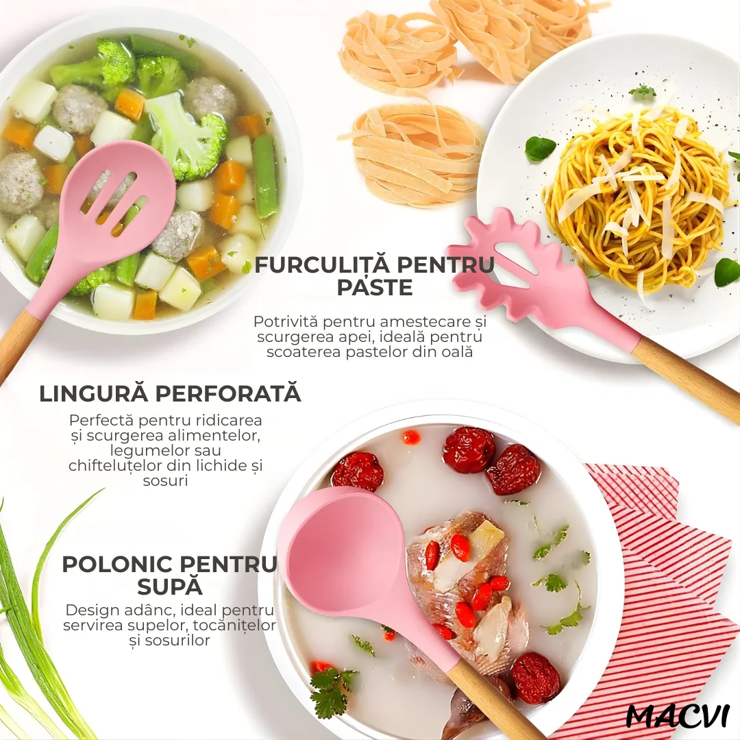 Set ustensile Macvi® bucatarie silicon premium 19 piese cu suport organizare cutite tocator linguri spatule fara BPA rezistente la temperaturi ridicate, Roz - imagine 3