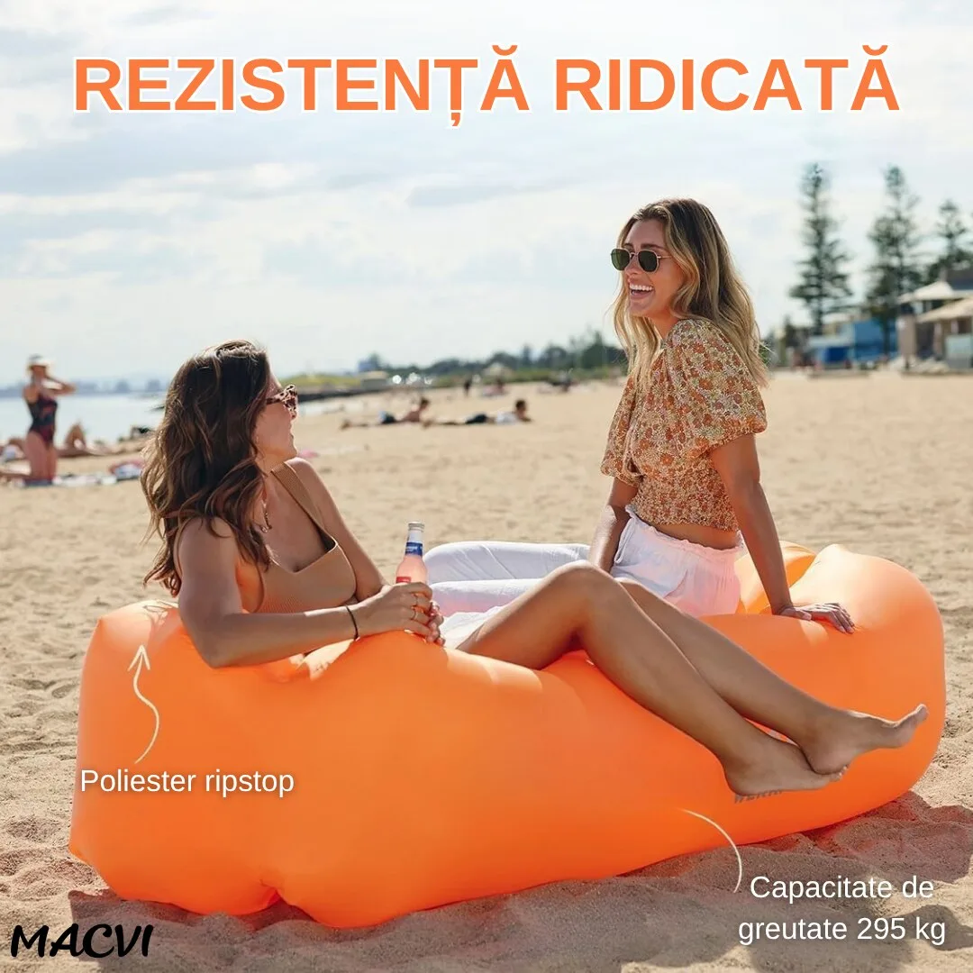 Saltea gonflabila tip sezlong Lazybag Macvi®, material rezistent, umflare fara pompa, pentru plaja/picnic/camping, rucsac de depozitare, 190 x 70 cm,Portocaliu - imagine 4