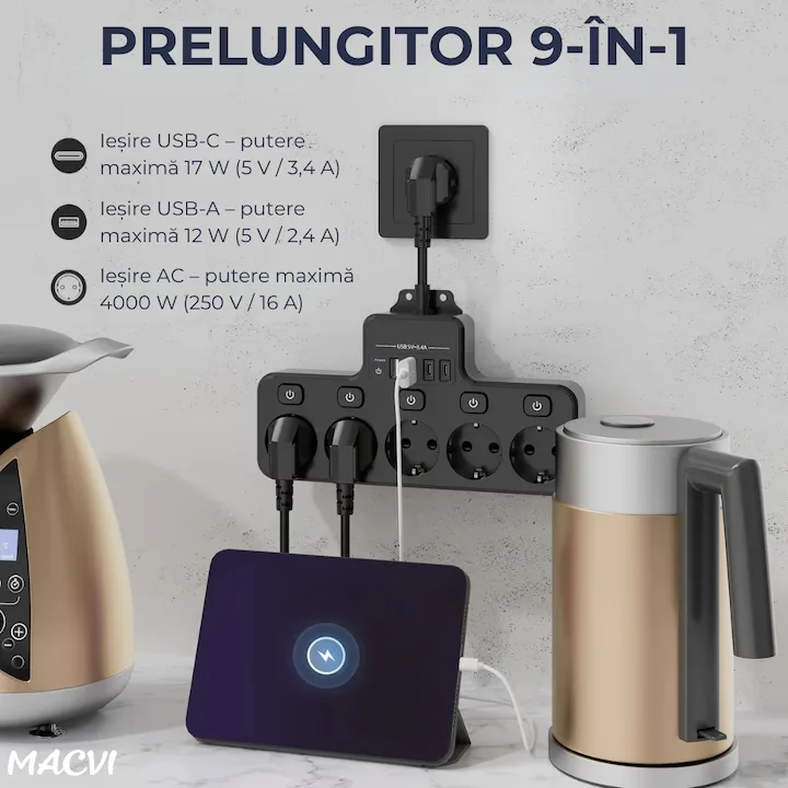 Multipriza Macvi cu 4 prize Schuko, 4 porturi USB, control individual, 4000W, extensie electrica pentru birou si acasa - imagine 3