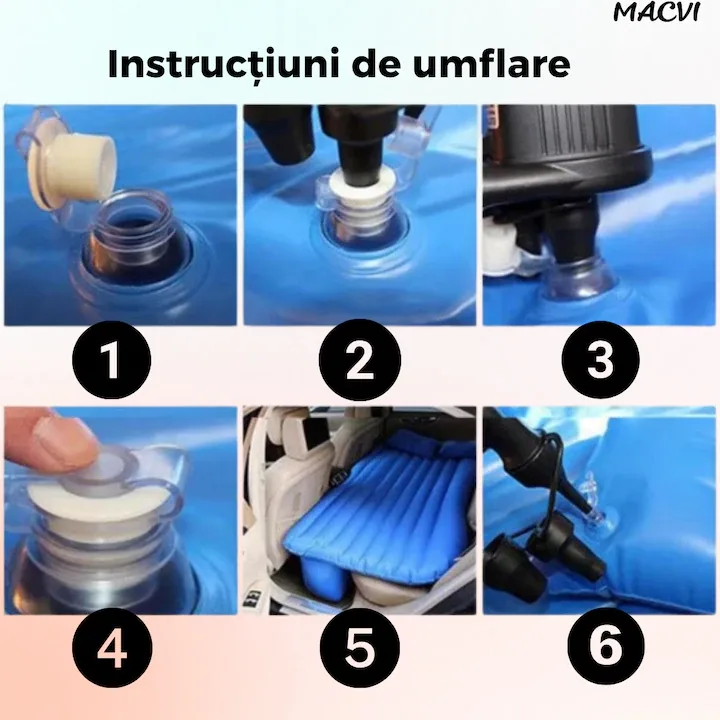 Saltea Gonflabila Auto Macvi® cu Perne si Suport de Echilibru, Ideala pentru Bancheta din Spate, Camping, Calatorii si Relaxare, Albastru - imagine 2