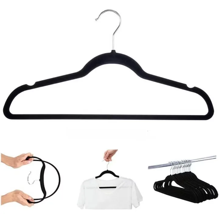 Set 16 umerase catifea Macvi®, antialunecare, 44.5 x 23 cm, carlig rotativ 360°, bara pantaloni, gri si negru - imagine 3
