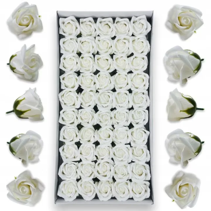 Set 50 trandafiri din sapun, 5x5 cm, calitate premium, decor si cadou elegant, Alb