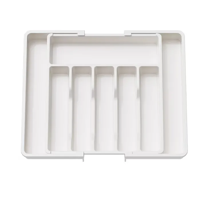 Organizator extensibil Macvi® 8 compartimente, pentru sertar, Sistem modular pentru tacamuri si ustensile de bucatarie, Alb