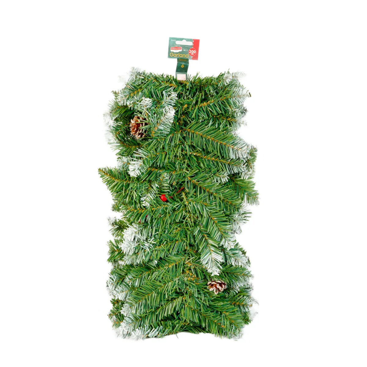 Ghirlanda de pin, verde cu zapada, 200 cm, cu conuri si boabe rosii, pentru interior, usi/ semineu - imagine 3
