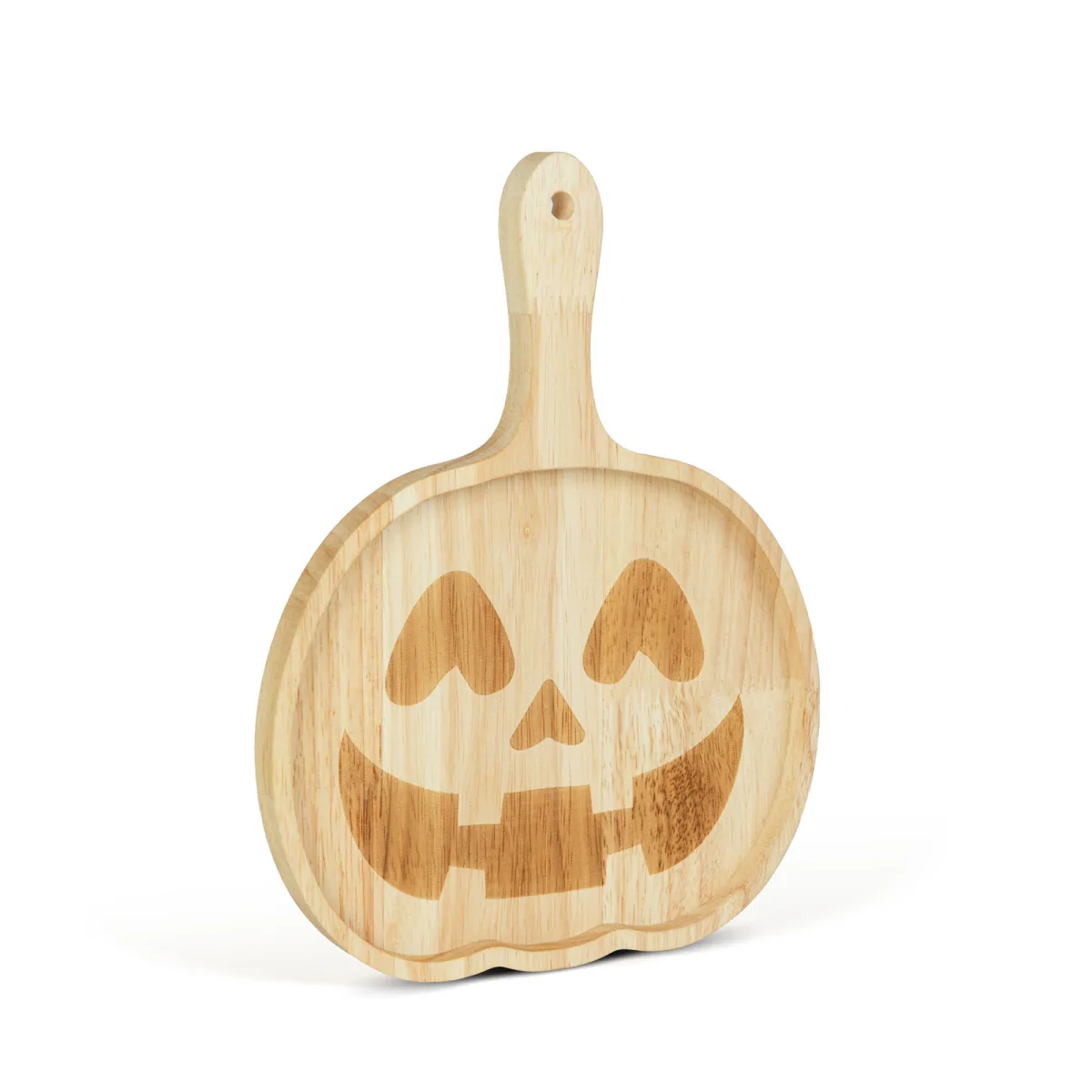 Tava decorativa Halloween cu maner, model dovleac Jack O Lantern, lemn, 26,5 x 20 cm - imagine 2
