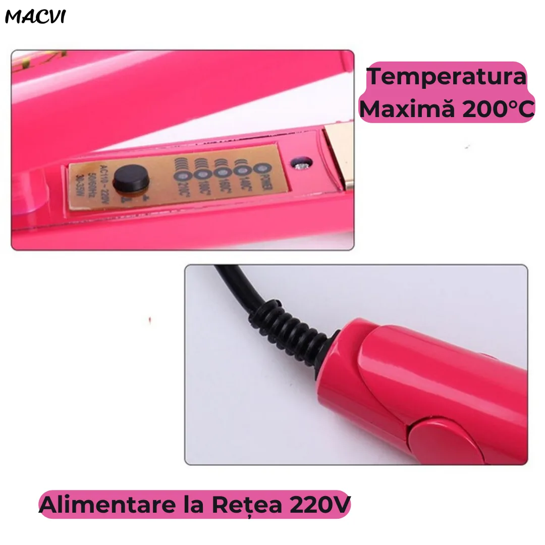 Placa pentru Indreptat Parul Macvi® cu Placi Ceramice, 4 Trepte de Temperatura, Roz, Alimentare la Retea - imagine 4