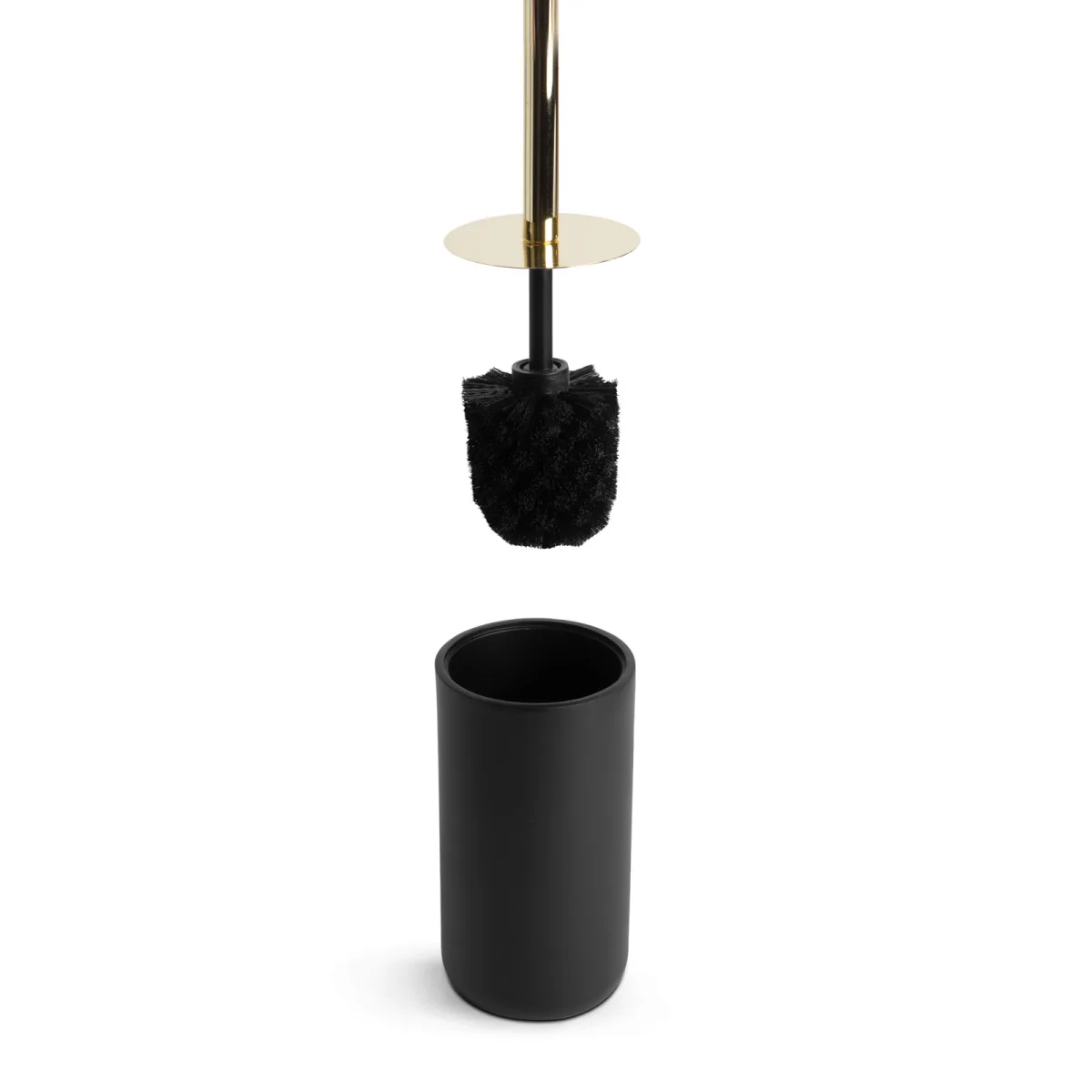 Perie WC cu suport, set perie toaleta rasina negru mat si auriu, accesoriu baie elegant