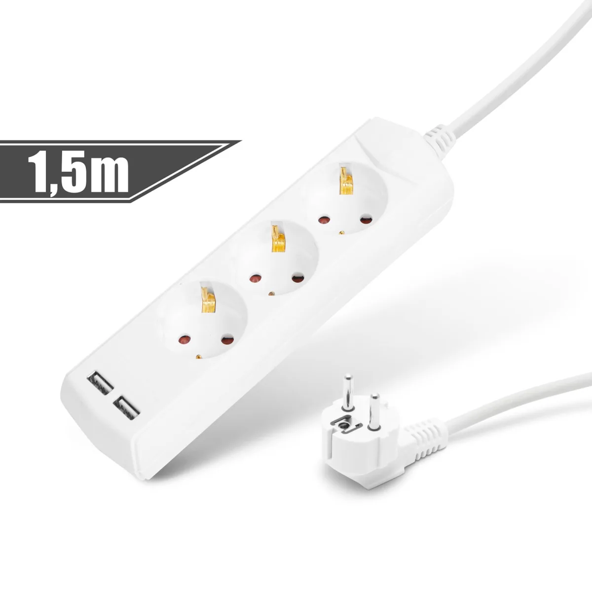 Prelungitor 3 prize Schuko 1.5m, 2x USB 2.1A, 16A, protectie copii, alb