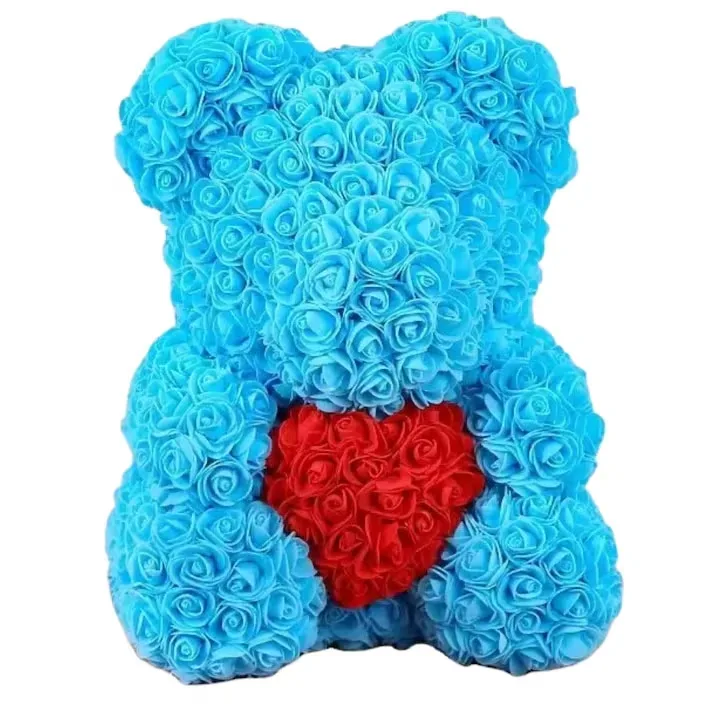 Ursulet Cu Inima Trandafiri Spuma Macvi®, 24 cm, Cutie Cadou Inclusa, Albastru, Decor Romantic, Cadou Valentine Aniversare