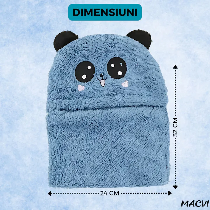 Caciula pentru copii tip cagula Macvi® 2 in 1, tematica lumea animalelor, model ursulet panda zambitor, 1-5 ani, albastru - imagine 5