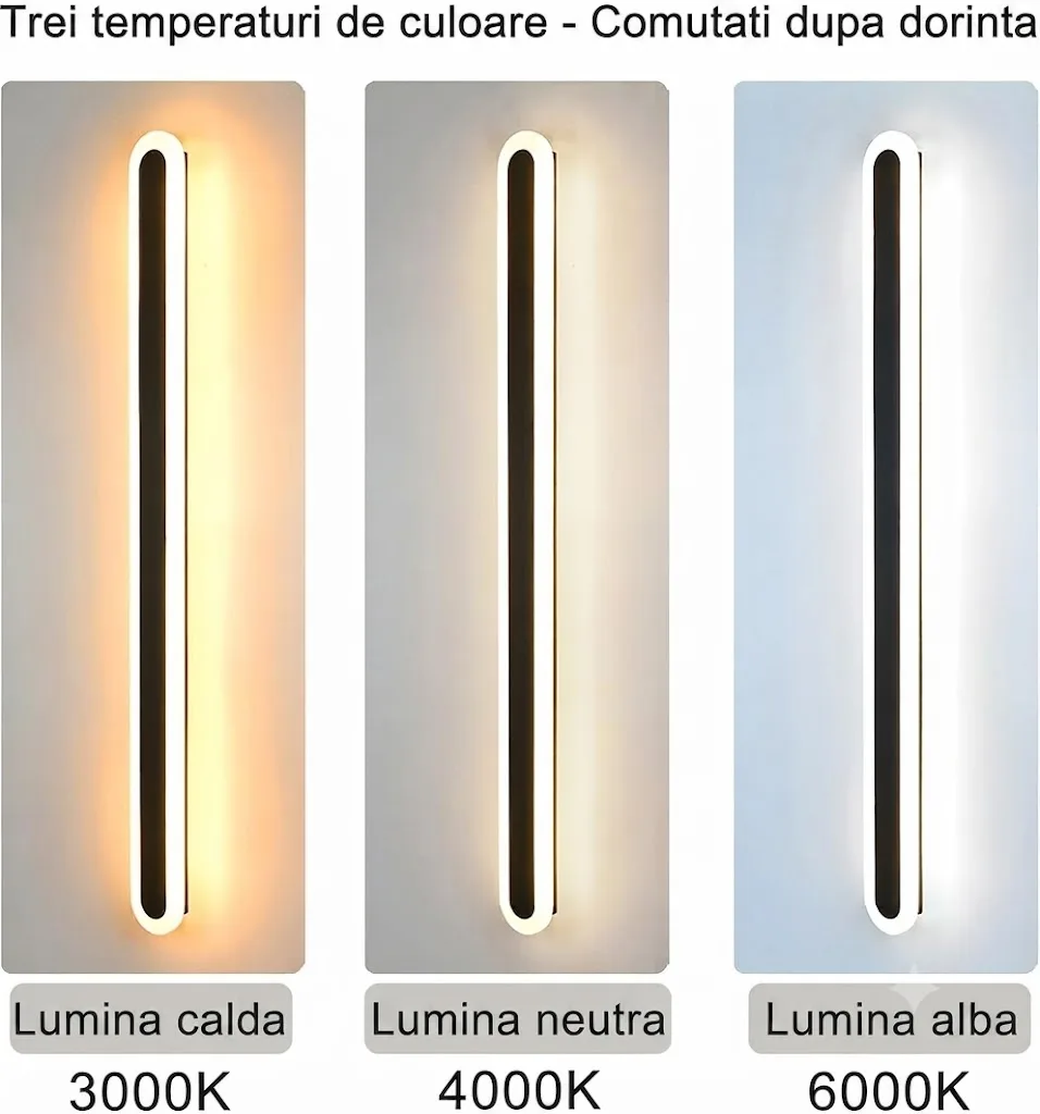 Aplica de perete LED Rovo 1356-100, 100CM, 39W, 3 setari de lumina, 3000K 4000K 6000K, Negru - imagine 3
