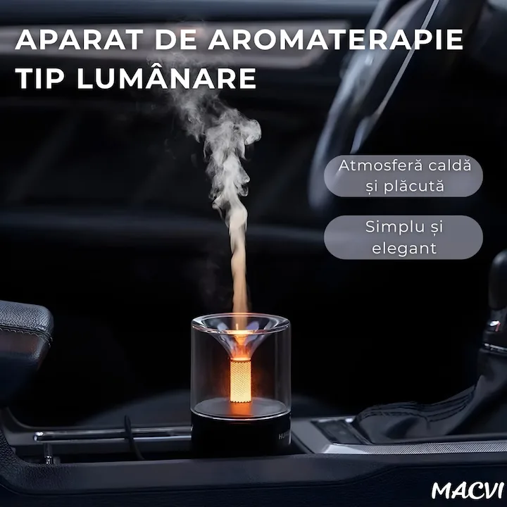 Umidificator Aromaterapie Macvi® cu Efect Flacara Tip Lumanare 250 ml Portabil USB cu Oprire Automata Pulverizare Arome LED Ambiental pentru Dormitor Bucatarie Masina - imagine 2