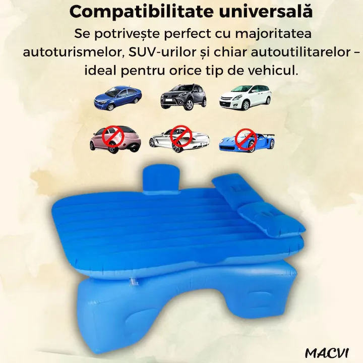 Saltea Gonflabila Auto Macvi® cu Perne si Suport de Echilibru, Ideala pentru Bancheta din Spate, Camping, Calatorii si Relaxare, Albastru - imagine 5
