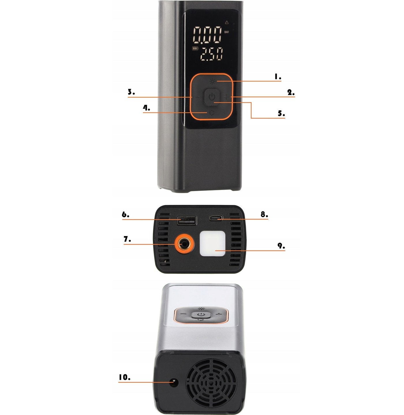 Compresor anvelope portabil auto 12V, acumulator 7500 mAh, 150 PSI cu manometru, lanterna LED si functie powerbank, reincarcare USB 6 Compresor anvelope portabil auto 12V, acumulator 7500 mAh, 150 PSI cu manometru, lanterna LED si functie powerbank, reincarcare USB - imagine 6