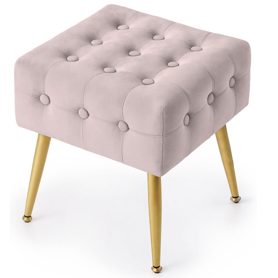 Taburet tapitat Quadra, velur, cu picioare metalice, 40x40x42 cm, roz pudra
