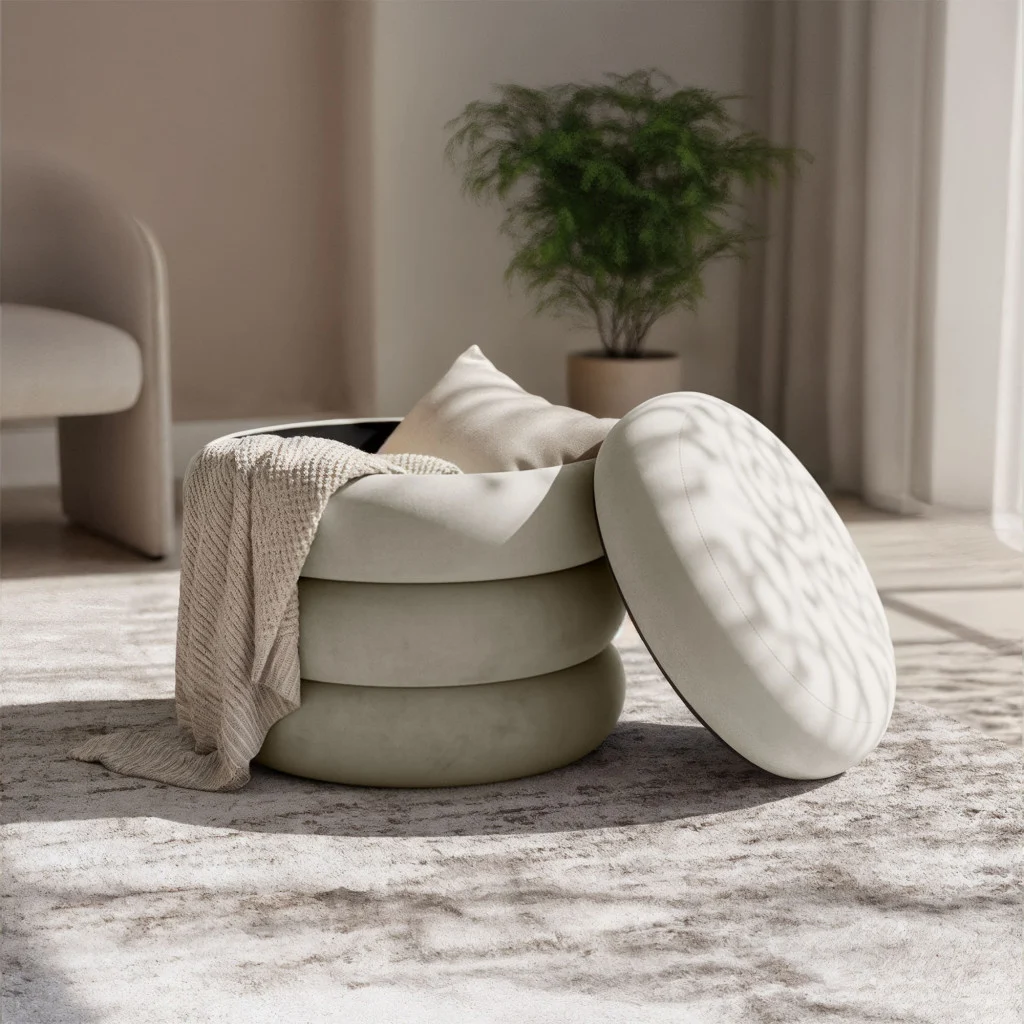 taburet tapitat snuggo cu spatiu de depozitare, velur, diametru 42 cm, inaltime 45 cm, crem 4 Taburet tapitat Snuggo cu spatiu de depozitare, velur, diametru 42 cm, inaltime 45 cm, crem - imagine 4