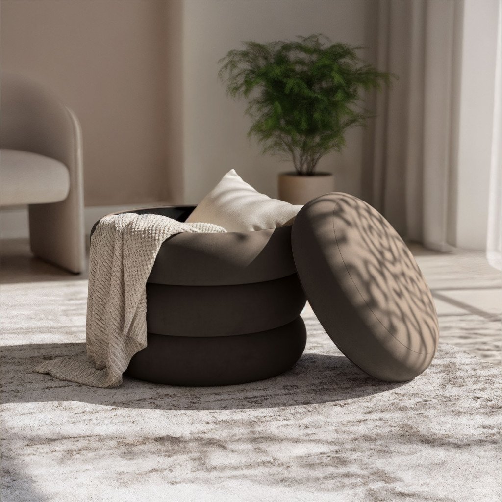 taburet tapitat snuggo cu spatiu de depozitare, velur, diametru 42 cm, inaltime 45 cm, maro 4 Taburet tapitat Snuggo cu spatiu de depozitare, velur, diametru 42 cm, inaltime 45 cm, maro - imagine 4