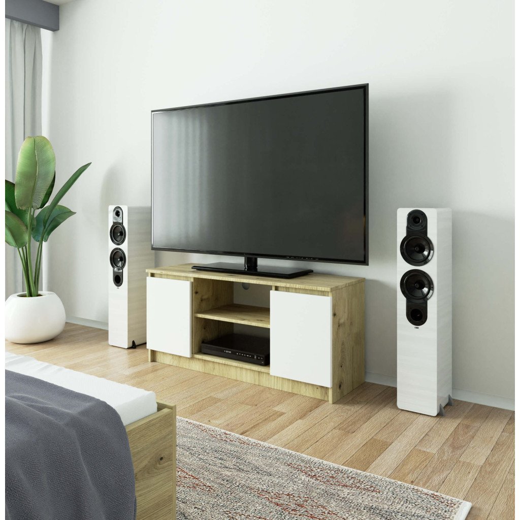 comoda tv cu 2 usi si o polita, pal laminat 16 mm, 120x40x55 cm, stejar artisan si alb 4 Comoda TV cu 2 usi si o polita, PAL laminat 16 mm, 120x40x55 cm, stejar artisan si alb - imagine 4