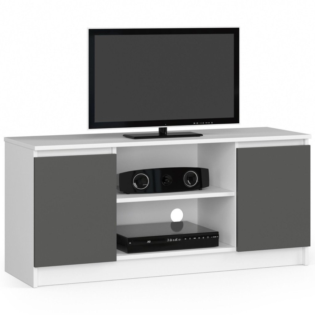 Comoda TV cu 2 usi si o polita, PAL laminat 16 mm, 120x40x55 cm, alb si gri