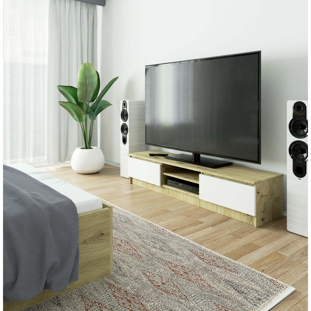 comoda tv cu 2 usi si rafturi centrale, pal laminat, 160x40x33 cm, stejar artisan si alb 4 Comoda TV cu 2 usi si rafturi centrale, PAL laminat, 160x40x33 cm, stejar artisan si alb - imagine 4