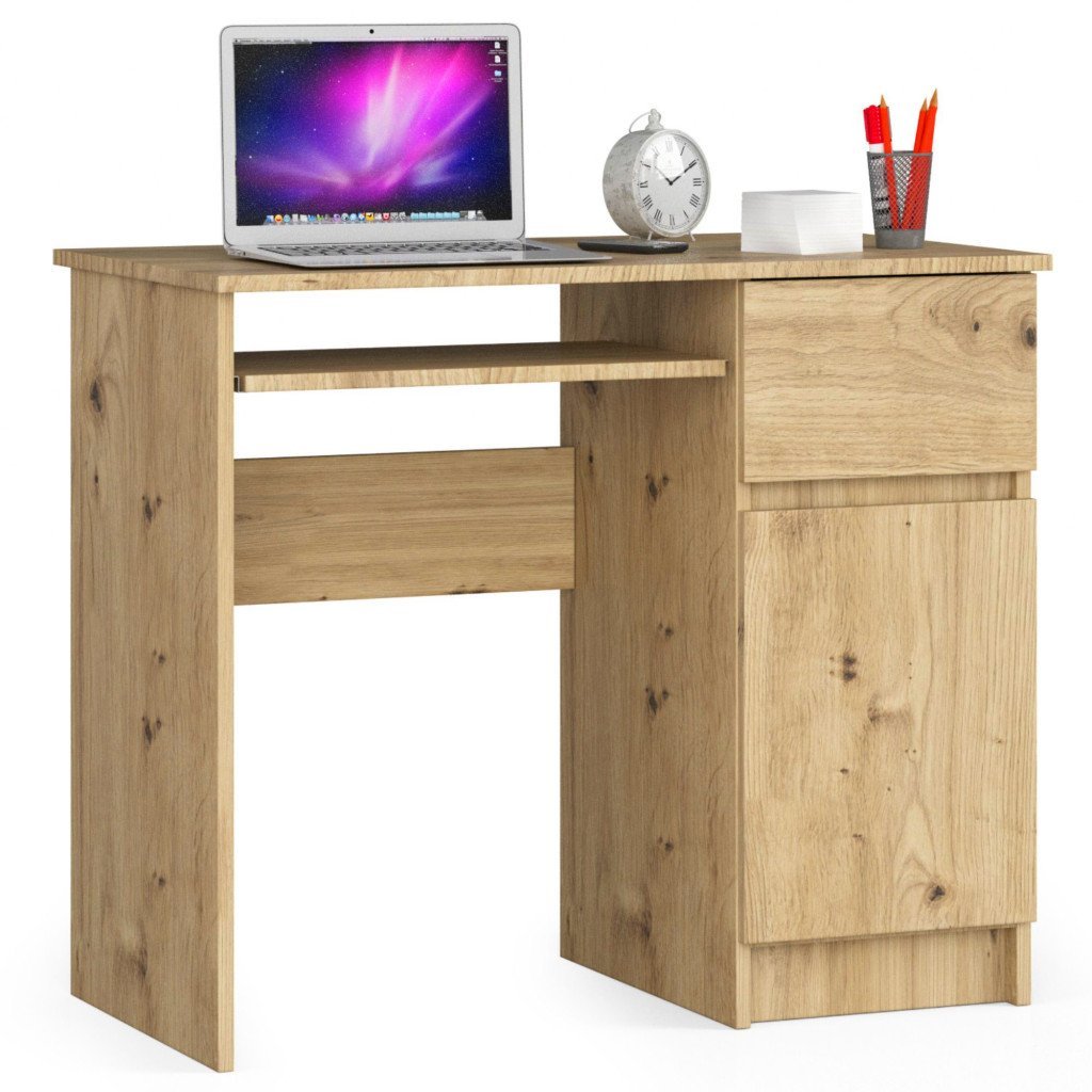 Birou computer PIKSEL, cu sertar, dulap si raft pentru tastatura, dreapta, 90x50x77 cm, stejar artisan