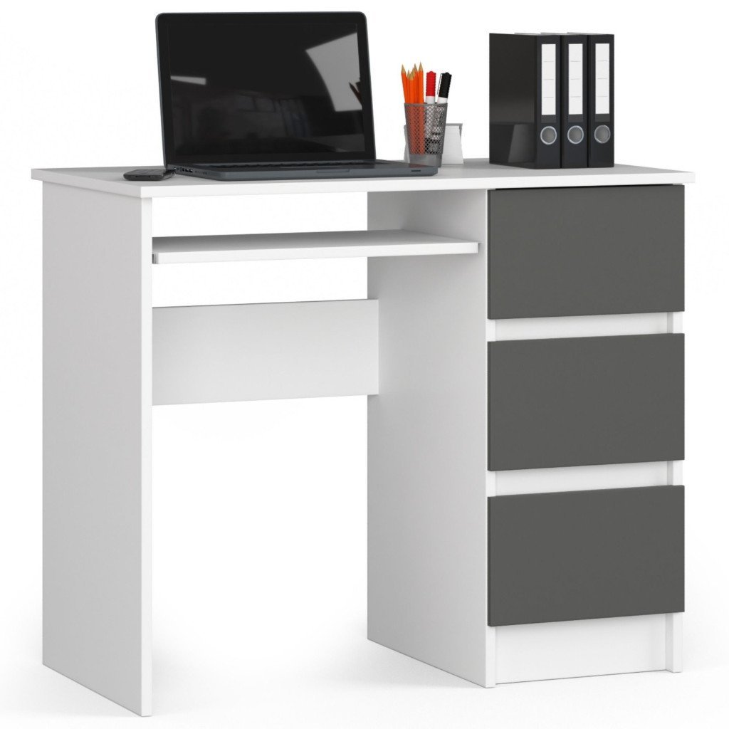 Birou computer cu 3 sertare si raft pentru tastatura, dreapta, 90x50x77 cm, alb si gri