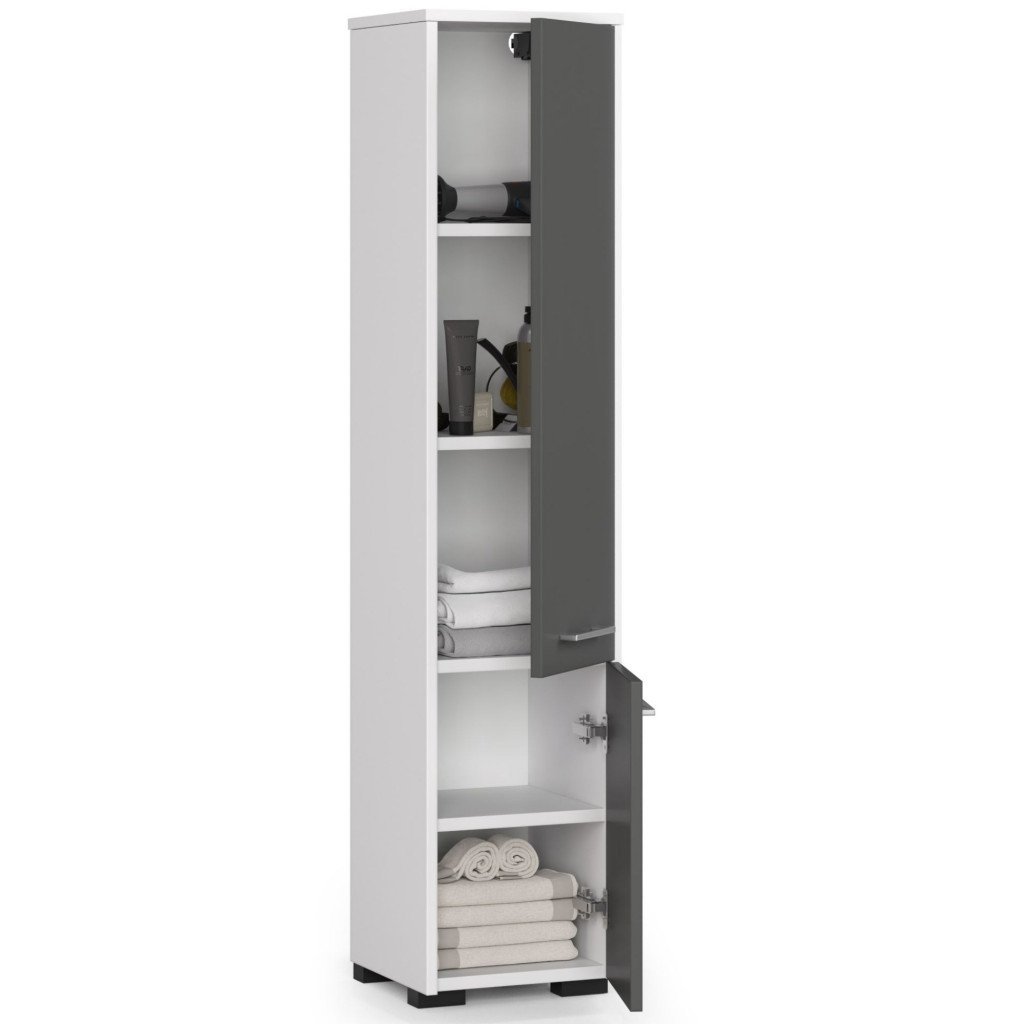 dulap baie tip coloana cu 2 usi si 5 rafturi, pal laminat, 30x30x140 cm, alb si gri 2 Dulap baie tip coloana cu 2 usi si 5 rafturi, PAL laminat, 30x30x140 cm, alb si gri - imagine 2