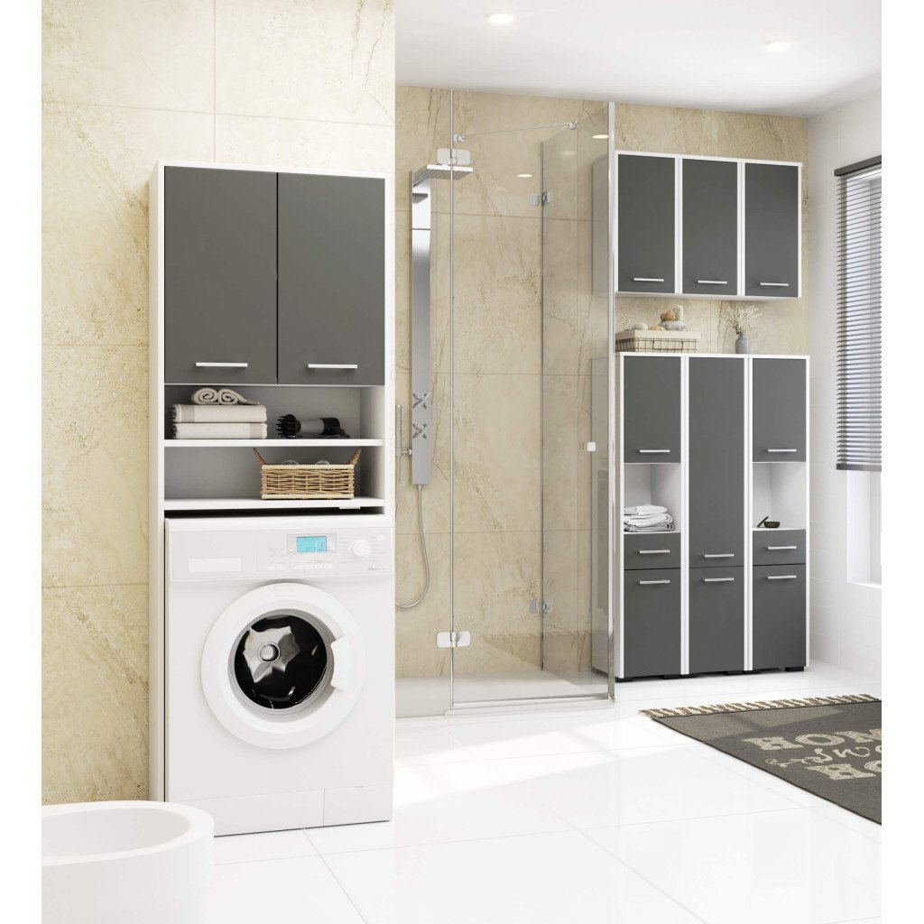 dulap baie tip coloana cu 2 usi si 5 rafturi, pal laminat, 30x30x140 cm, alb si gri 4 Dulap baie tip coloana cu 2 usi si 5 rafturi, PAL laminat, 30x30x140 cm, alb si gri - imagine 4