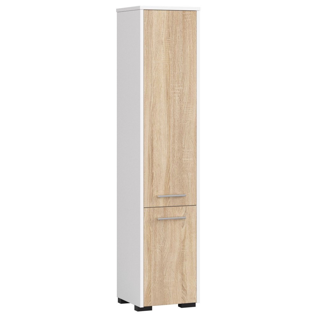 Dulap baie tip coloana cu 2 usi si 5 rafturi, PAL laminat, 30x30x140 cm, alb si stejar sonoma