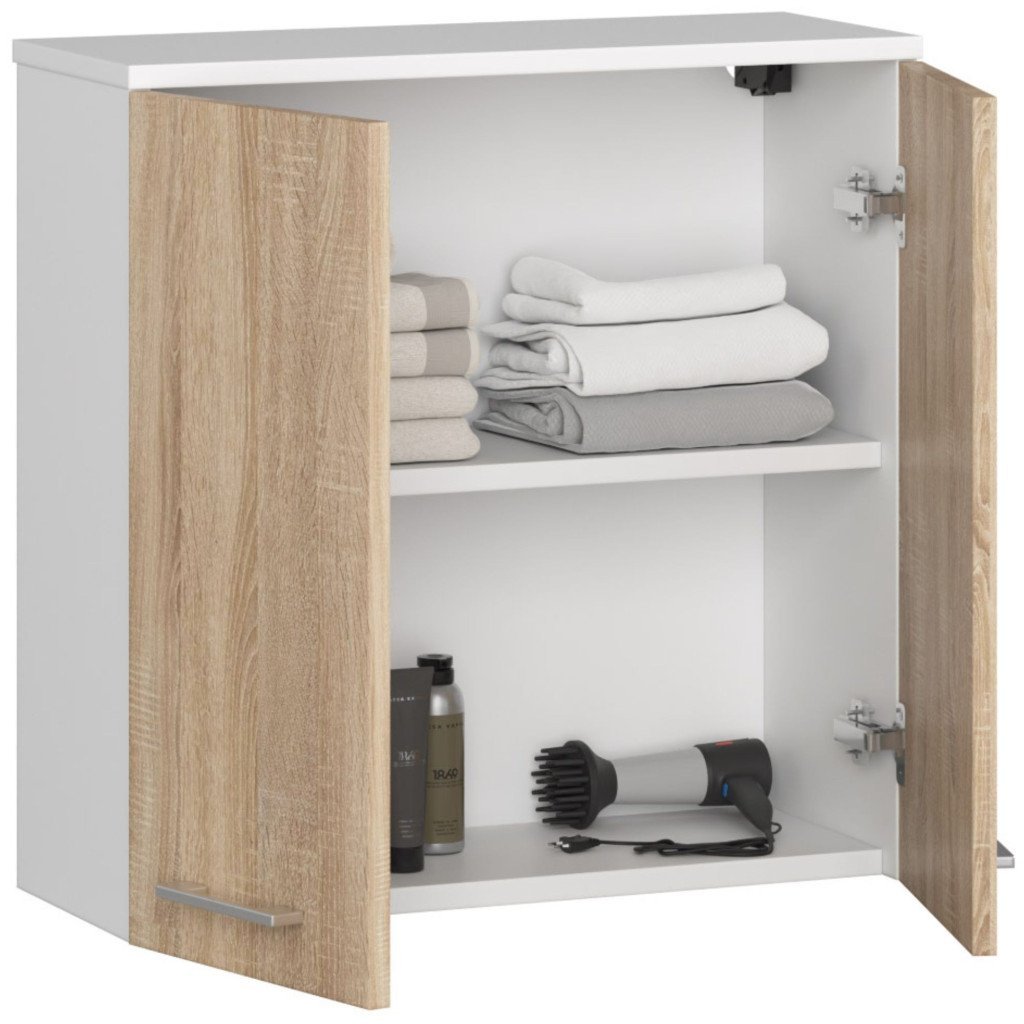 dulap baie suspendat, cu 2 usi si 1 raft interior, pal 16 mm, 60x23x60 cm, alb si stejar sonoma 2 Dulap baie suspendat, cu 2 usi si 1 raft interior, PAL 16 mm, 60x23x60 cm, alb si stejar sonoma - imagine 2