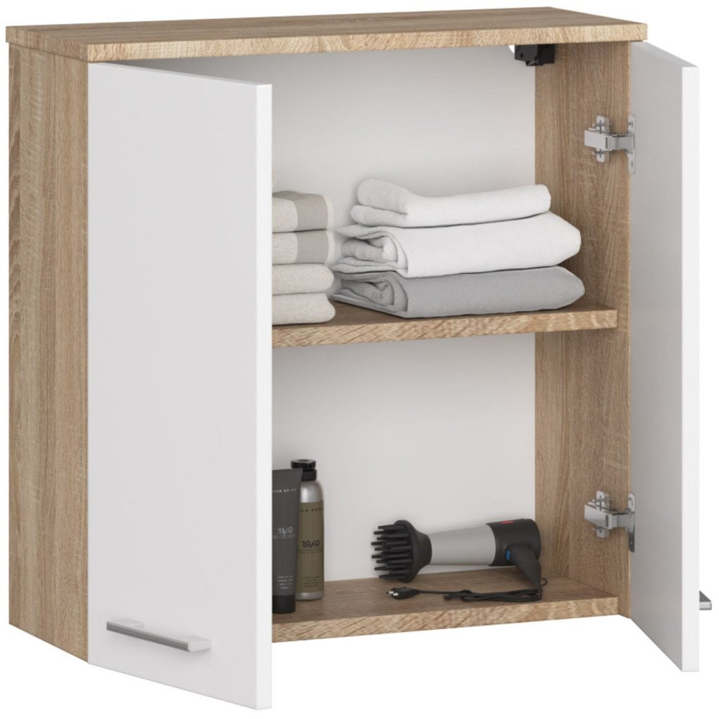 dulap baie suspendat, cu 2 usi si 1 raft interior, pal 16 mm, 60x23x60 cm, stejar sonoma si alb 2 Dulap baie suspendat, cu 2 usi si 1 raft interior, PAL 16 mm, 60x23x60 cm, stejar sonoma si alb - imagine 2