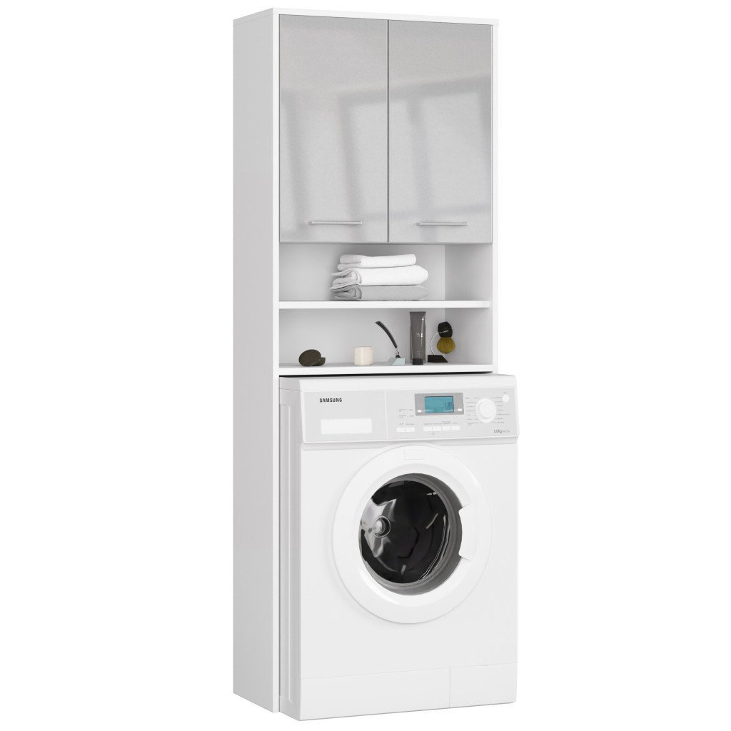 Dulap baie inalt pentru spatiu deasupra masinii de spalat, cu usi si polite, 64x30x180 cm, alb metalic lucios