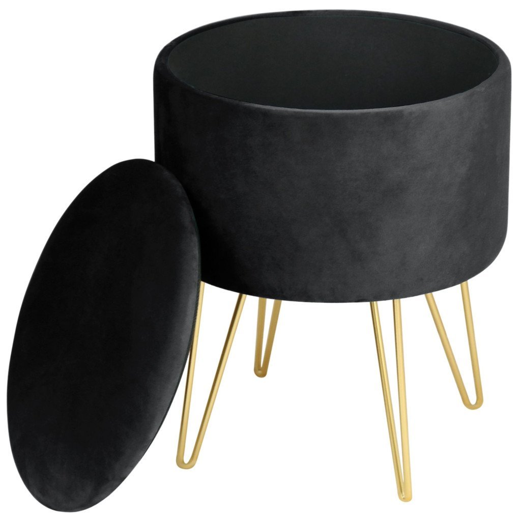 taburet tapitat rotund lili cu spatiu de depozitare, velur, 35x35x45 cm, negru 2 Taburet tapitat rotund Lili cu spatiu de depozitare, velur, 35x35x45 cm, negru - imagine 2