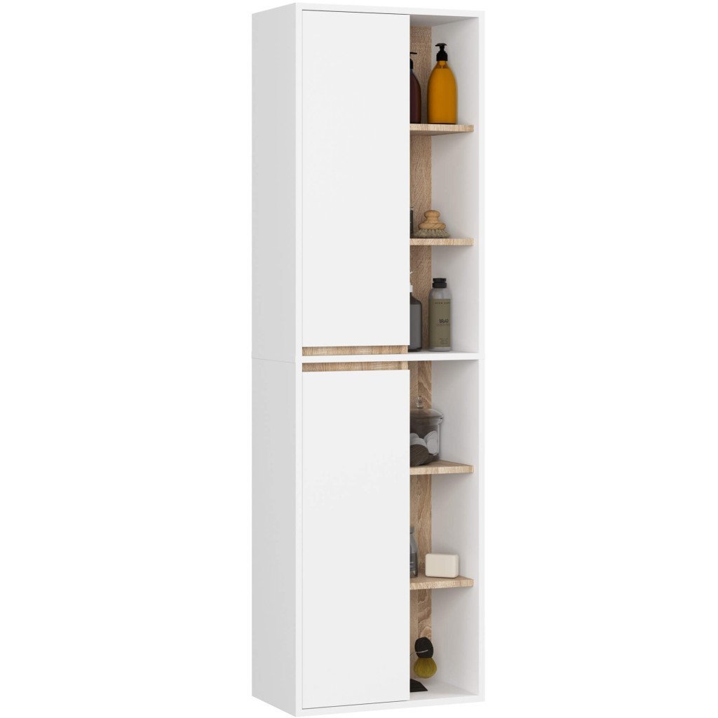 Dulap de baie suspendat cu 2 usi si 6 rafturi, PAL 16 mm, 50x30x170 cm, alb si stejar sonoma