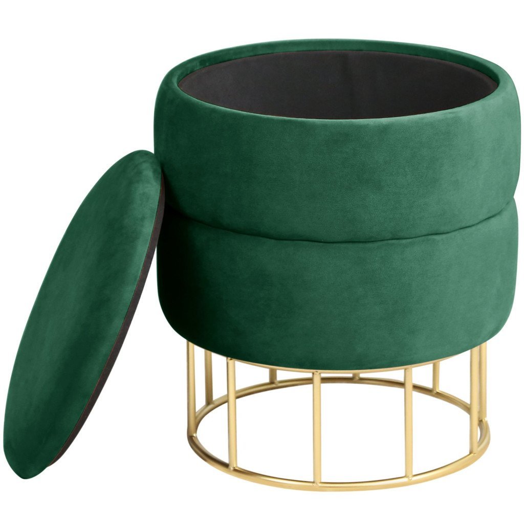 taburet tapitat rotund elza cu spatiu de depozitare, velur, 37x37x42 cm, verde smarald 2 Taburet tapitat rotund Elza cu spatiu de depozitare, velur, 37x37x42 cm, verde smarald - imagine 2