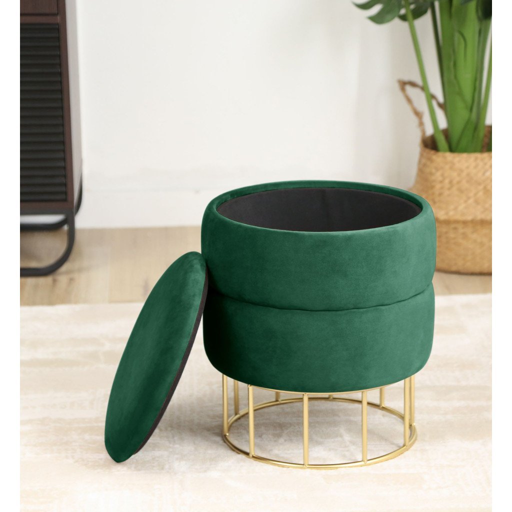 taburet tapitat rotund elza cu spatiu de depozitare, velur, 37x37x42 cm, verde smarald 4 Taburet tapitat rotund Elza cu spatiu de depozitare, velur, 37x37x42 cm, verde smarald - imagine 4