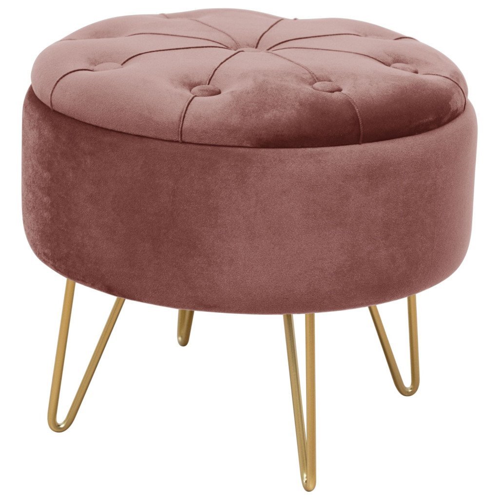 Taburet Caro cu spatiu depozitare, tapitat cu velur, 38×33 cm, roz