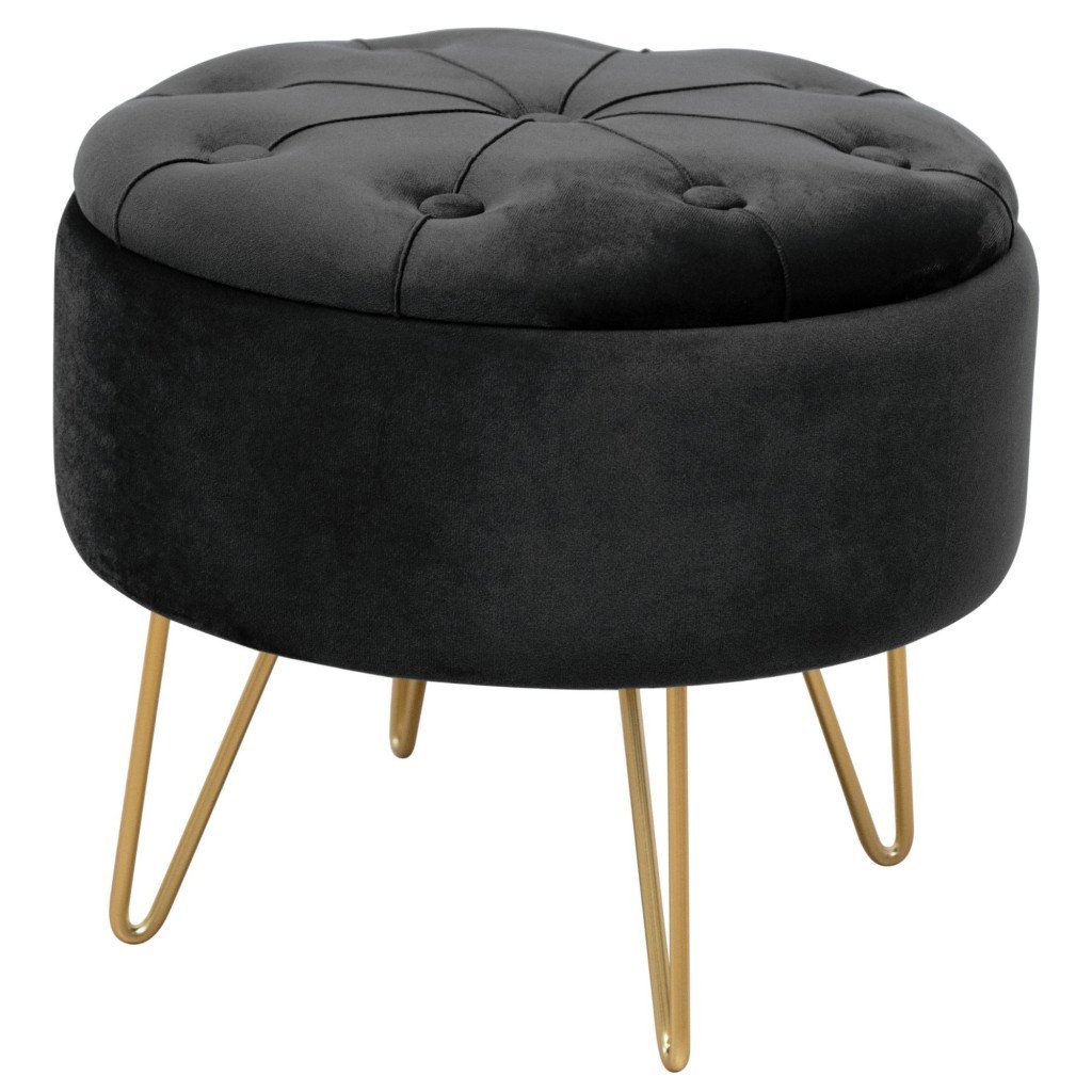 Taburet Caro cu spatiu depozitare, tapitat cu velur, 38×33 cm, negru
