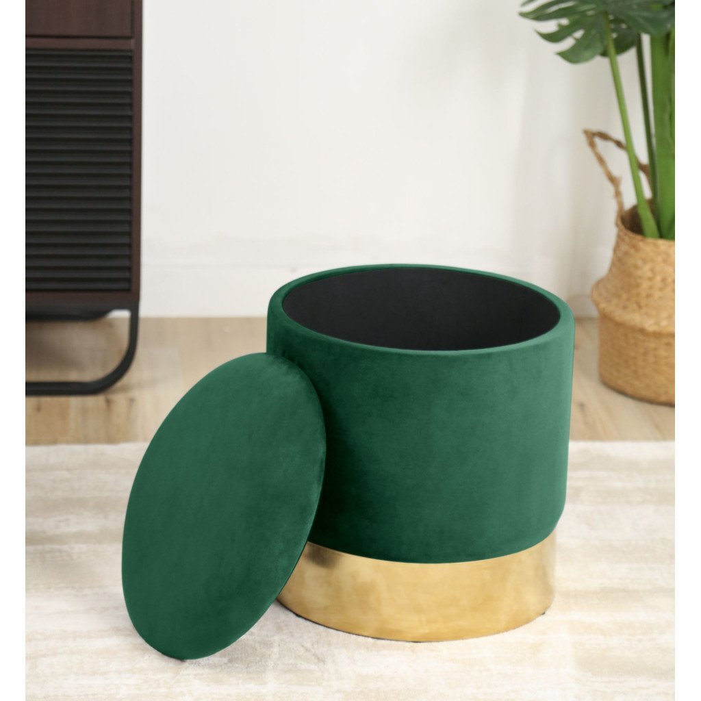 taburet tapitat rotund golden cu spatiu de depozitare, velur, 39x39x40 cm, verde 3 Taburet tapitat rotund Golden cu spatiu de depozitare, velur, 39x39x40 cm, verde - imagine 3