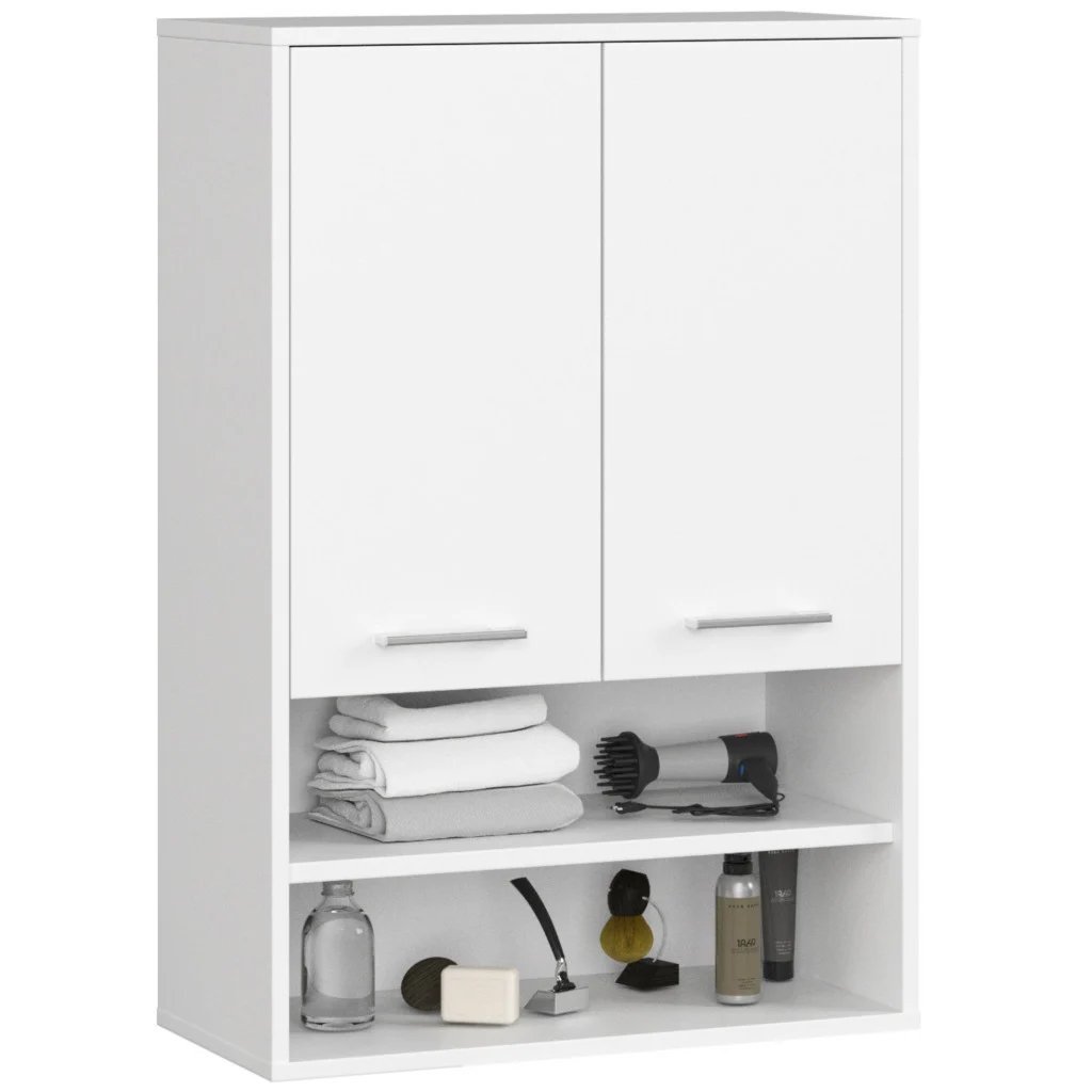 Dulap baie suspendat, cu 2 usi si 2 rafturi deschise, PAL 16 mm, 64x30x94 cm, alb