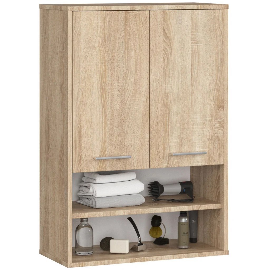 Dulap baie suspendat, cu 2 usi si 2 rafturi deschise, PAL 16 mm, 64x30x94 cm, stejar sonoma
