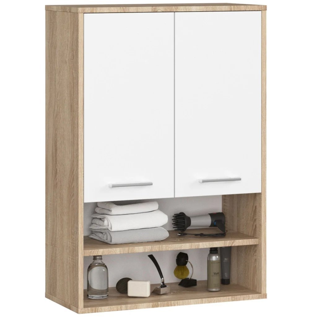 Dulap baie suspendat, cu 2 usi si 2 rafturi deschise, PAL 16 mm, 64x30x94 cm, stejar sonoma si alb